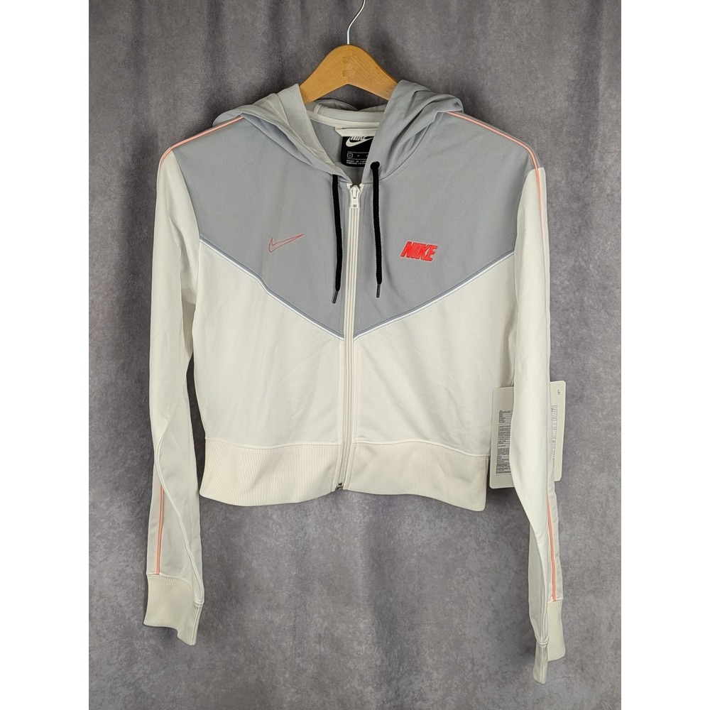 Nike Sportswear Windrunner Cropped Full Zip Hoodie Sail Grey Crimson Women Small